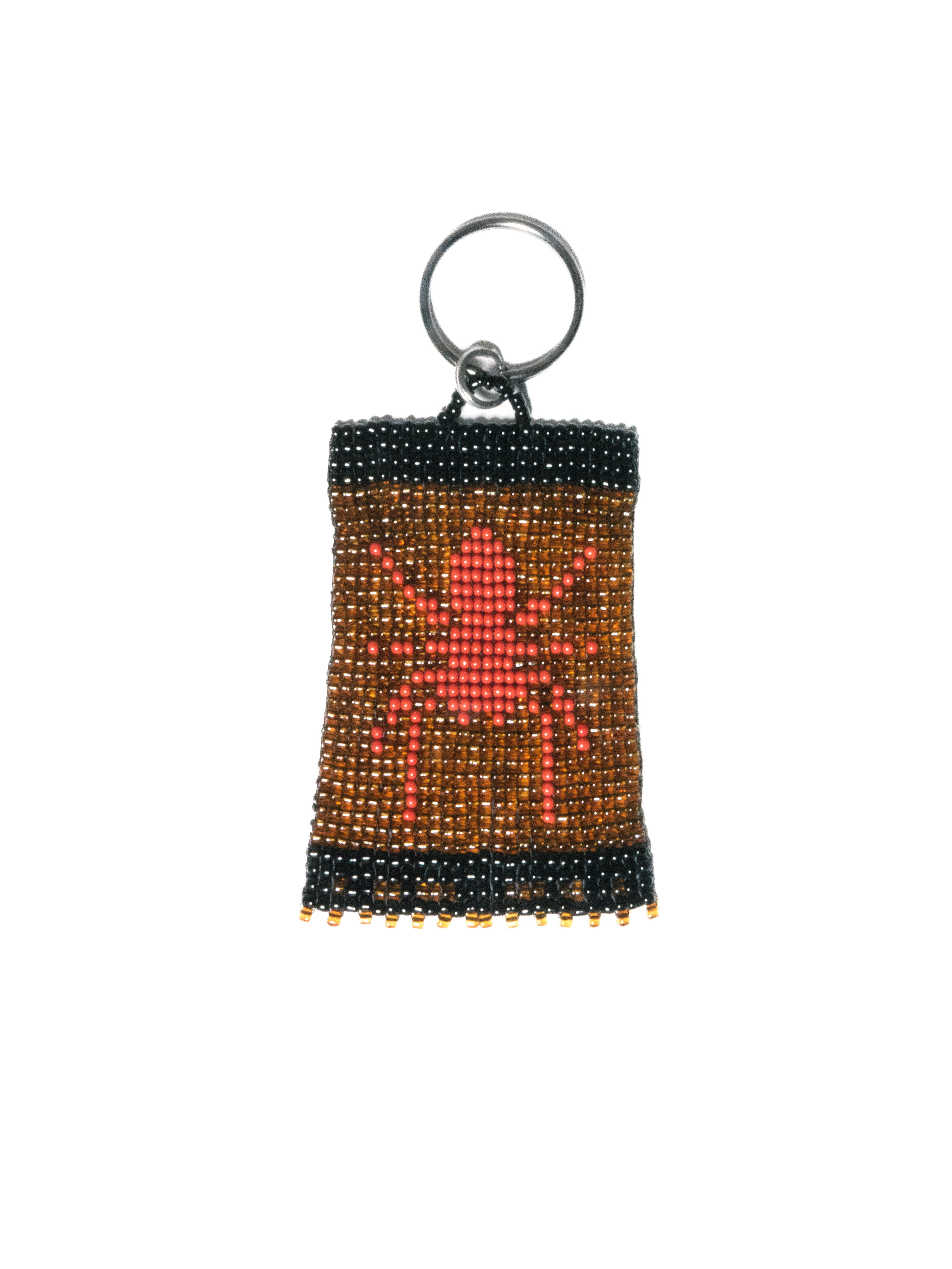 Brown and black beaded keyring with a red fire motif